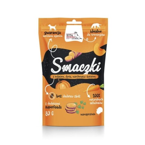 Smaczki dla psa z indykiem, dynią, marchewką 80g. Syta Micha Smaczki dla psa z indykiem, dynią, marchewką 80g. Syta Micha