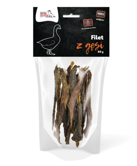 Suszone filety z gęsi, naturalny gryzak dla psa 80g. Syta Micha Suszone filety z gęsi, naturalny gryzak dla psa 80g. Syta Micha