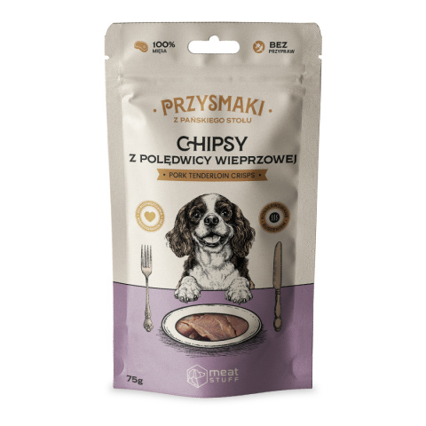 Przysmaki dla psa "Z Pańskiego Stołu" - Chipsy z polędwicy wieprzowej (doypack 75 g), Meat STUFF Przysmaki dla psa "Z Pańskiego Stołu" - Chipsy z polędwicy wieprzowej (doypack 75 g), Meat STUFF