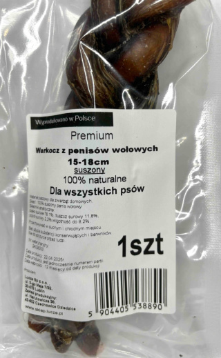 Suszony warkocz z penisów wołowych, naturalny gryzak dla psa 14 -18 cm. LUCZE