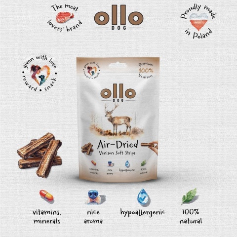 Przysmaki funkcyjne dla psa, mięsne paski z jelenia 80g. Air-Dried Venision Strips, OLLO