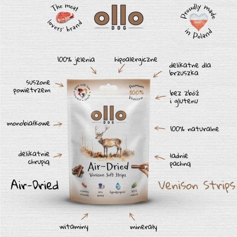 Przysmaki funkcyjne dla psa, mięsne paski z jelenia 80g. Air-Dried Venision Strips, OLLO