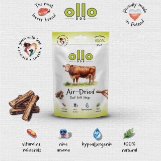 Przysmaki funkcyjne dla psa, mięsne paski z wołowiny 80g. Air-Dried Beef Strips, OLLO