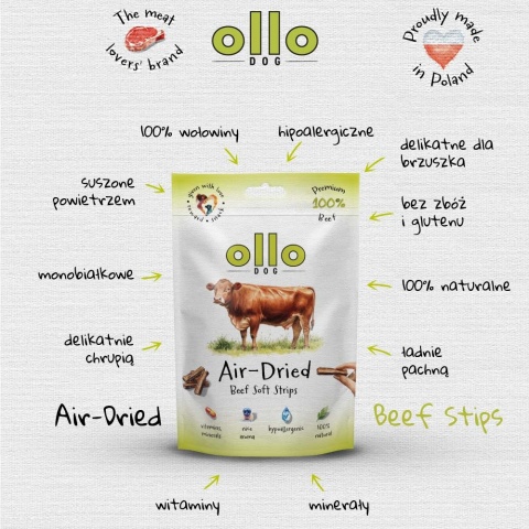 Przysmaki funkcyjne dla psa, mięsne paski z wołowiny 80g. Air-Dried Beef Strips, OLLO