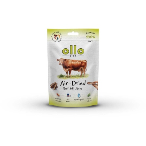 Przysmaki funkcyjne dla psa, mięsne paski z wołowiny 80g. Air-Dried Beef Strips, OLLO