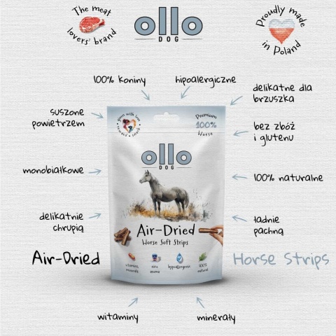 Przysmaki funkcyjne dla psa, mięsne paski z koniny 80g. Air-Dried Horse Strips, OLLO
