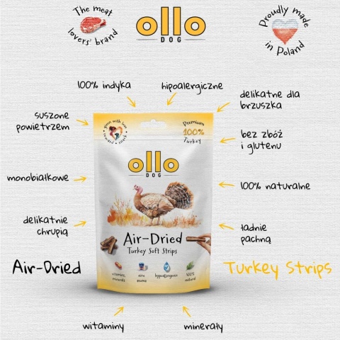Przysmaki funkcyjne dla psa, mięsne paski z indyka 80g. Air-Dried Turkey Strips, OLLO