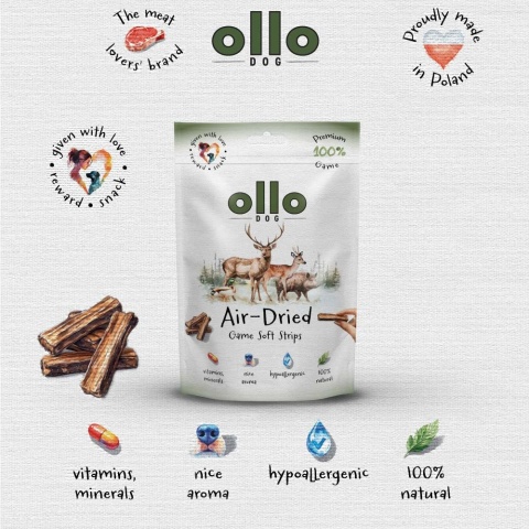 Przysmaki funkcyjne dla psa, mięsne paski z dziczyzny 80g. Air-Dried Game Strips, OLLO