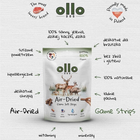 Przysmaki funkcyjne dla psa, mięsne paski z dziczyzny 80g. Air-Dried Game Strips, OLLO