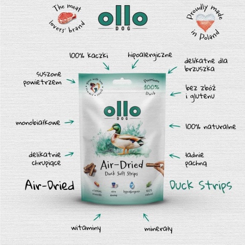 Przysmaki funkcyjne dla psa, mięsne paski z kaczki 80g. Air-Dried Duck Strips, OLLO
